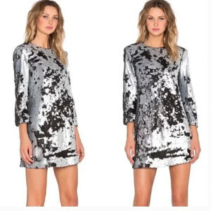 Elizabeth and James Danya Mini Dress Metallic Sequin Fish Scale Black Silver XS